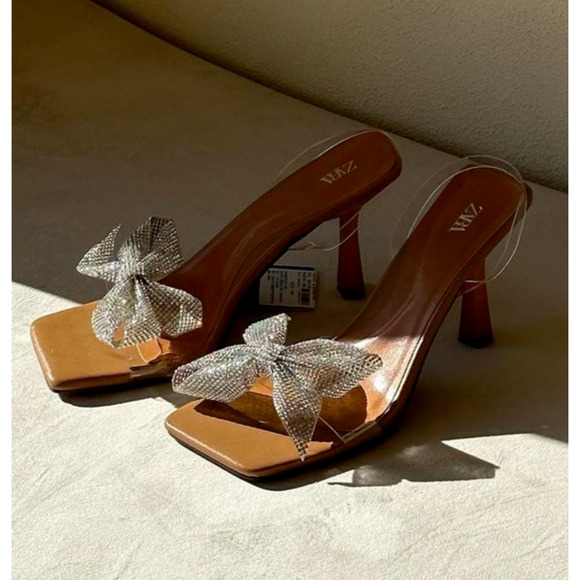 ZARA Embellished Bow Heels NWT – Vinyl Sandals with Rhinestone Detail, Sz 8 & 10 - Picture 5 of 16